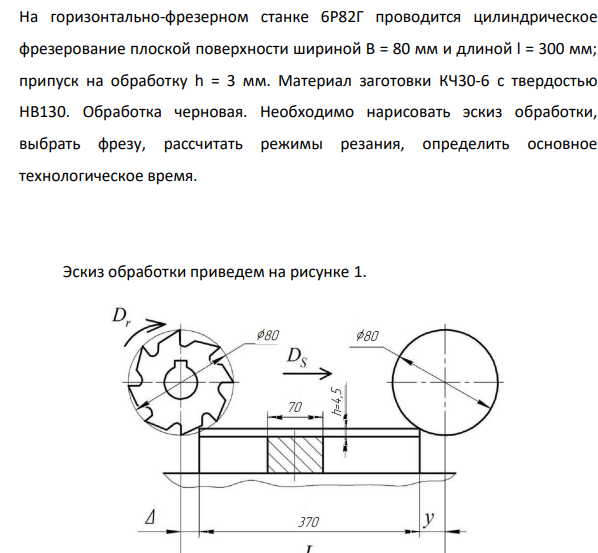 На горизонтально-фрезерном станке 6Р82Г проводится цилиндрическое фрезерование плоской поверхности шириной B = 80 мм и длиной l = 300 мм; припуск на обработку h = 3 мм.