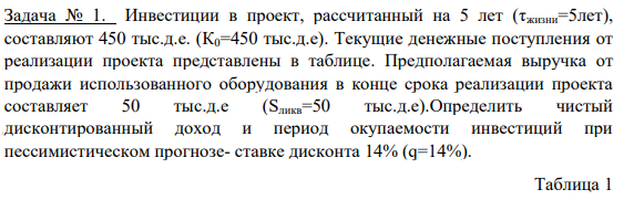 Инвестиции в проект, рассчитанный на 5 лет (τжизни=5лет), составляют 450 тыс.д.е. (К0=450 тыс.д.е). Текущие денежные поступления от реализации проекта представлены в таблице.