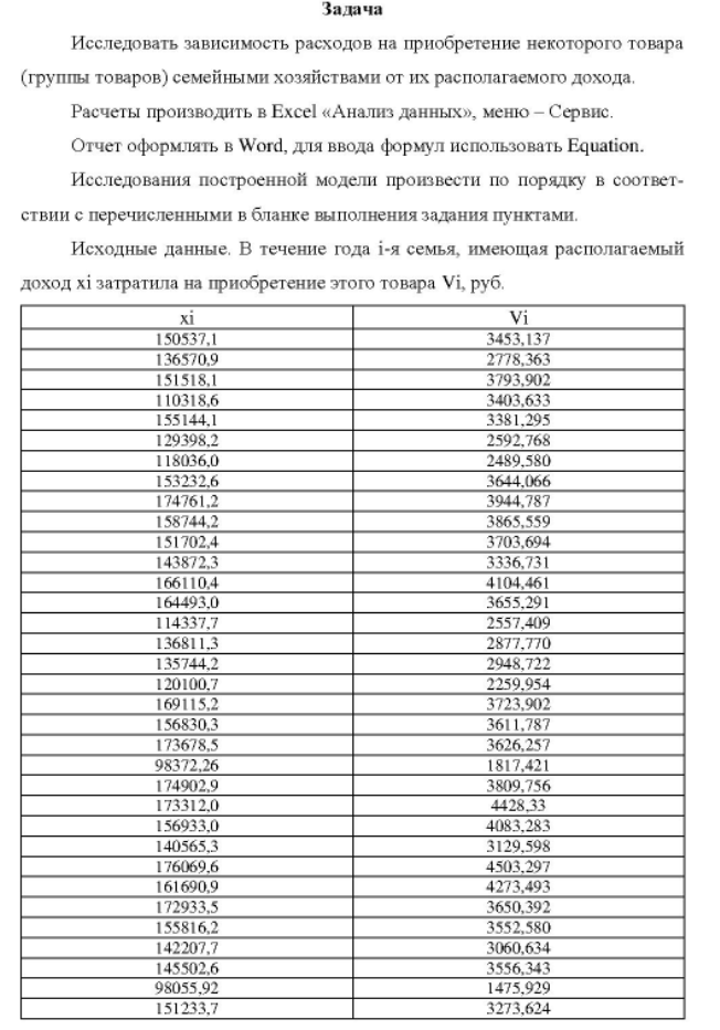 Исследовать зависимость расходов на приобретение некоторого товара (группы товаров) семейными хозяйствами от их располагаемого дохода. Расчеты производить в Excel «Анализ данных», меню - Сервис.