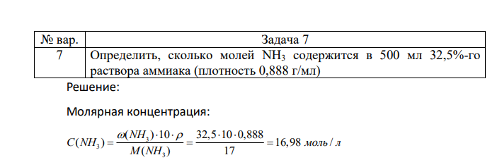 Определить, сколько молей NН3 содержится в 500 мл 32,5%-го раствора аммиака (плотность 0,888 г/мл)