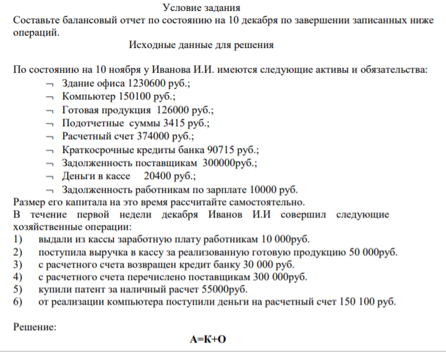 Составьте балансовый отчет по состоянию на 10 декабря по завершении записанных ниже операций.  Исходные данные для решения  По состоянию на 10 ноября у Иванова И.И. имеются следующие активы и обязательства: