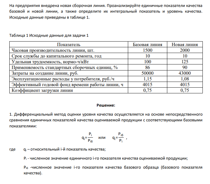 На предприятия внедрена новая сборочная линия. Проанализируйте единичные показатели качества базовой и новой линии, а также определите их интегральный показатель и уровень качества. Исходные данные приведены в таблице