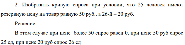 Изобразить кривую спроса при условии, что 25 человек имеют резервную цену на товар равную 50 руб., а 26-й – 20 руб.