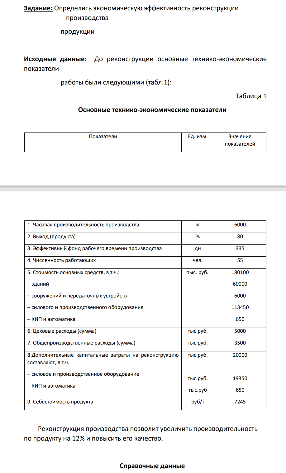Задание: Определить экономическую эффективность реконструкции производства продукции Исходные данные: До реконструкции основные технико-экономические показатели работы были следующими (табл.1): Таблица 1 Основные технико-экономические показатели Показатели Ед. изм. Значение показателей