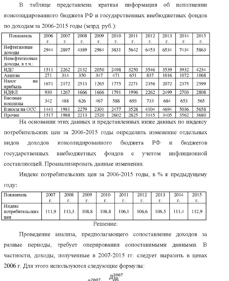 B таблице представлена краткая информация об исполнении консолидированного бюджета РФ и государственных внебюджетных фондов по доходам за 2006-2015 годы (млрд. руб.): Показатель 2006 2007 2 2008 2009 2010 2011 2012 2013 2014 2015 г. г. г. г. г. г. г. г. г. 2944 2897 4389 2984 3831 5642
