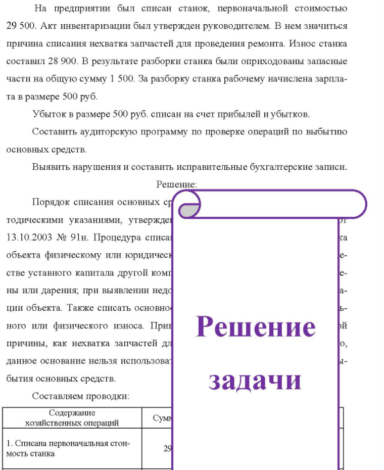 На предприятии был списан станок, первоначальной стоимостью 29 500. Акт инвентаризации был утвержден руководителем. В нем значиться причина списания нехватка запчастей для проведения ремонта. Износ станка составил 28 900. В результате разборки станка были оприходованы запасные части на общую