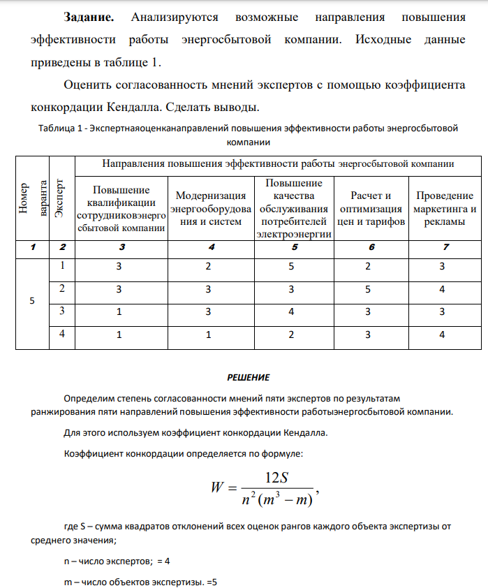Анализируются возможные направления повышения эффективности работы энергосбытовой компании. Исходные данные приведены в таблице 1. Оценить согласованность мнений экспертов с помощью коэффициента конкордации Кендалла. Сделать выводы