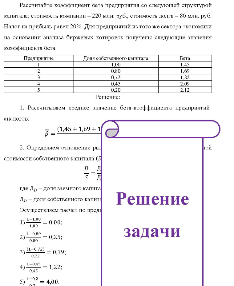 Рассчитайте коэффициент бета предприятия со следующей структурой капитала: стоимость компании - 220 млн. руб., стоимость долга - 80 млн. руб. Налог на прибыль равен 20%. Для предприятий из того же сектора экономики на основании