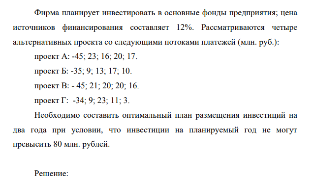 Фирма планирует инвестировать в основные фонды предприятия; цена источников финансирования составляет 12%. Рассматриваются четыре альтернативных проекта со следующими потоками платежей (млн. руб.)