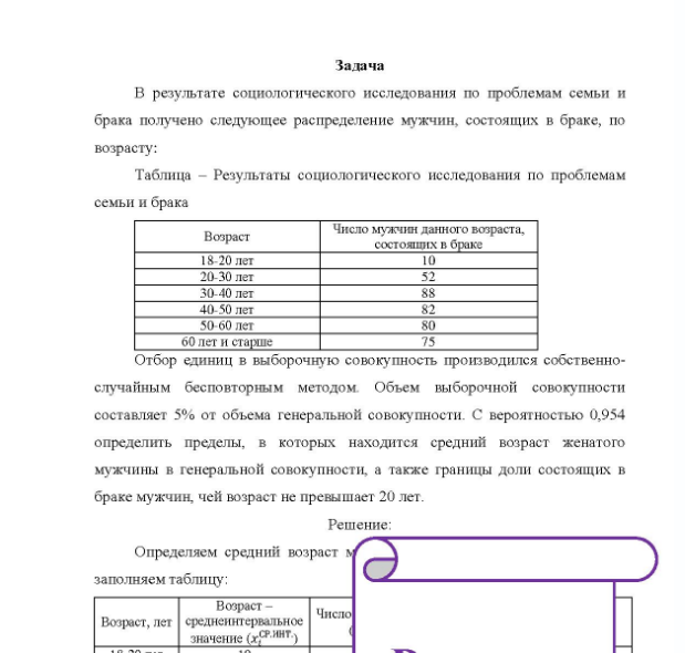 Задача В результате социологического исследования по проблемам семьи и брака получено следующее распределение мужчин, состоящих в браке, по возрасту: Таблица - Результаты социологического исследования по проблемам семьи и брака Возраст 18-20 лет 20-30 лет 30-40 лет 40-50 лет 50-60 лет Число мужчин данного возраста, состоящих в браке 10 80 60 лет и старше Отбор единиц в выборочную совокупность производился собственно- случайным бесповторным методом Объем выборочной совокупности составляет 5% от объема генеральной совокупности.