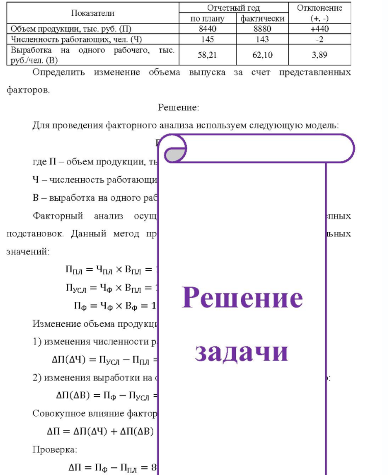 Показатели Объем продукции, тыс. руб. (П) Численность работающих, чел. (Ч) Выработка на одного рабочего, тыс. руб. /чел. (B) Отчетный год по плану фактически 8440 145 58,21 8880 143 62,10 Отклонение (+.-)