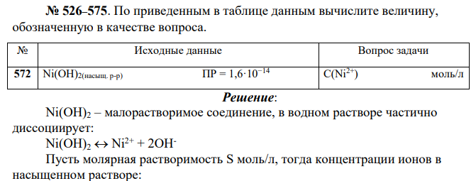 По приведенным в таблице данным вычислите величину, обозначенную в качестве вопроса. № Исходные данные Вопрос задачи 572 Ni(OH)2(насыщ. р-р) ПР = 1,6·10−14 C(Ni2+) моль/л