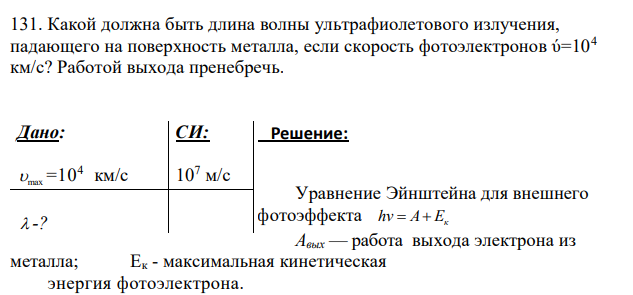 Какой должна быть длина волны ультрафиолетового излучения, падающего на поверхность металла, если скорость фотоэлектронов ύ=104 км/с? Работой выхода пренебречь.