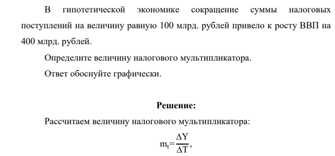 В гипотетической экономике сокращение суммы налоговых поступлений на величину равную 100 млрд. рублей привело к росту ВВП на 400 млрд. рублей. Определите величину налогового мультипликатора. Ответ обоснуйте графически
