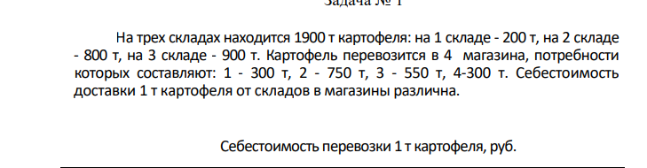 На трех складах находится 1900 т картофеля: на 1 складе - 200 т, на 2 складе - 800 т, на 3 складе - 900 т. Картофель перевозится в 4 магазина, потребности которых составляют: 1 - 300 т, 2 - 750 т, 3 - 550 т, 4-300 т.