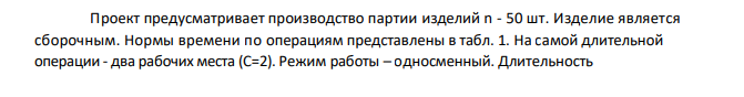 Проект предусматривает производство партии изделий n - 50 шт. Изделие является сборочным. Нормы времени по операциям представлены в табл. 1. На самой длительной операции - два рабочих места (С=2). Режим работы