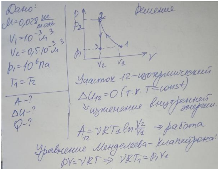 На рисунке изображён график процесса 1-2-3, происходящего с идеальным газом. Найти изменение внутренней энергии, работу газа и количество теплоты, переданное газу во всём процессе 1-2-3. Здесь p – давление газа, V – объём, T – температура.