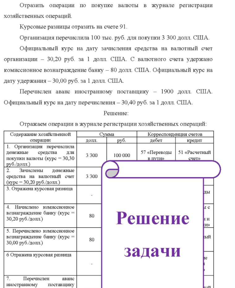 Отразить операции по покупке валюты в журнале регистрации хозяйственных операций. Курсовые разницы отразить на счете 91. Организация перечислила 100 тыс. руб. для покупки 3 300 долл. США. Официальный курс на дату зачисления средства на валютный счет организации - 30,20