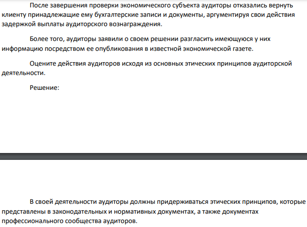 После завершения проверки экономического субъекта аудиторы отказались вернуть клиенту принадлежащие ему бухгалтерские записи и документы, аргументируя свои действия задержкой выплаты аудиторского вознаграждения. Более того, аудиторы заявили о своем решении разгласить имеющуюся у них информацию посредством ее опубликования в известной экономической газете.