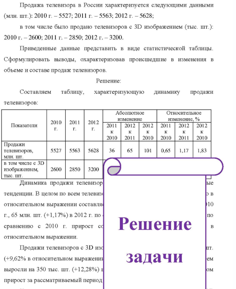 Продажа телевизора в России характеризуется следующими данными (млн. шт.): 2010 г. - 5527; 2011 г. - 5563; 2012 г. - 5628; в том числе было продано телевизоров с 3D изображением (тыс. шт.): 2010 г. - 2600; 2011 г. - 2850; 2012 г. - 3200. Приведенные данные представить