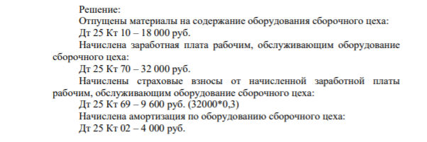 Соберите и распределите общепроизводственные расходы на основании следующих хозяйственных операций: 1) Отпущены материалы на содержание оборудования сборочного цеха – 18 000 руб.