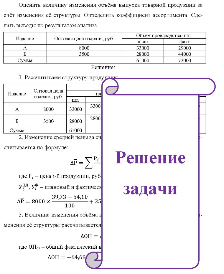 Оценить величину изменения объёма выпуска товарной продукции за счёт изменения её структуры. Определить коэффициент ассортимента. Сде- лать выводы по результатам анализа. Изделие Б Сумма Оптовая цена изделия, руб. 8000 3500 Объём производства, шт. план факт 33000