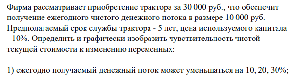 Фирма рассматривает приобретение трактора за 30 000 руб., что обеспечит получение ежегодного чистого денежного потока в размере 10 000 руб. Предполагаемый срок службы трактора - 5 лет, цена используемого капитала - 10%.