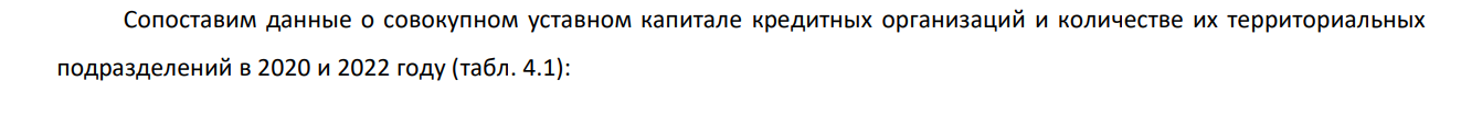 Сопоставьте данные о совокупном уставном капитале кредитных организаций и количестве их территориальных подразделений в 2020 и 2022 году. Сделайте выводы.