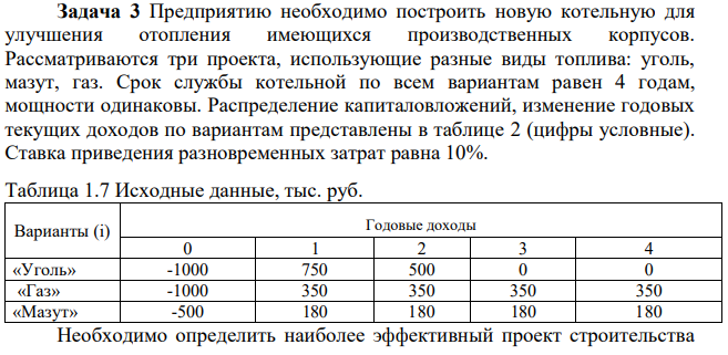 Предприятию необходимо построить новую котельную для улучшения отопления имеющихся производственных корпусов. Рассматриваются три проекта, использующие разные виды топлива: уголь, мазут, газ. Срок службы котельной по всем вариантам равен 4 годам, мощности одинаковы.