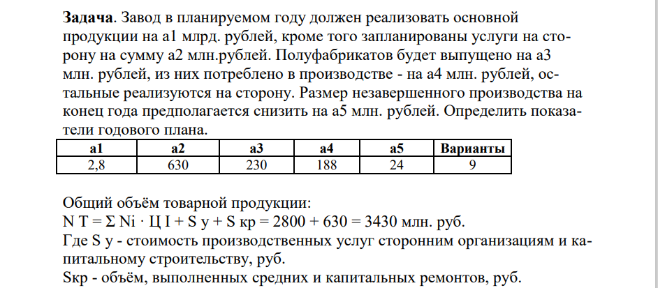 Завод в планируемом году должен реализовать основной продукции на а1 млрд. рублей, кроме того запланированы услуги на сторону на сумму а2 млн.рублей. Полуфабрикатов будет выпущено на а3 млн. рублей, из них потреблено в производстве - на а4 млн.