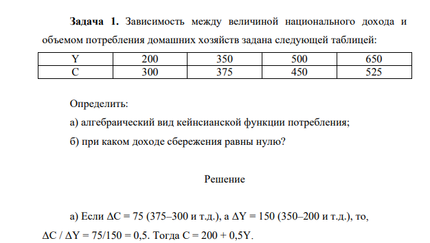 Зависимость между величиной национального дохода и объемом потребления домашних хозяйств задана следующей таблицей: Y 200 350 500 650 C 300 375 450 525 Определить: а) алгебраический вид кейнсианской функции потребления; б) при каком доходе сбережения равны нулю?