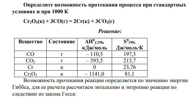 Определите возможность протекания процесса при стандартных условиях и при 1000 К Cr2O3(к) + 3CO(г) = 2Cr(к) + 3CO2(г)