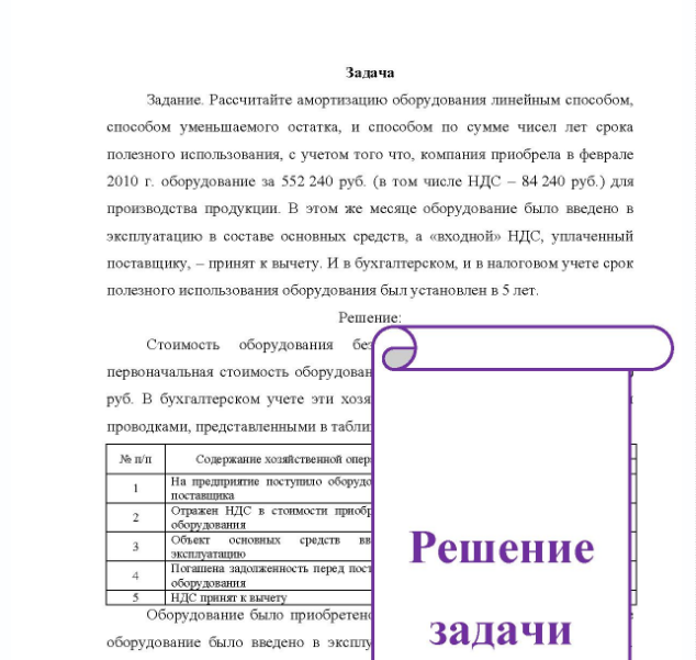 Задача Задание Рассчитайте амортизацию оборудования линейным способом, способом уменьшаемого остатка, и способом по сумме чисел лет срока полезного использования, с учетом того что, компания приобрела в феврале 2010 г. оборудование за 552 240 руб. (в том числе НДС - 84 240 руб. ) для производства продукции. В этом же месяце оборудование было введено в эксплуатацию в составе основных средств, а «входной» НДС, уплаченный поставщику, - принят к вычету,