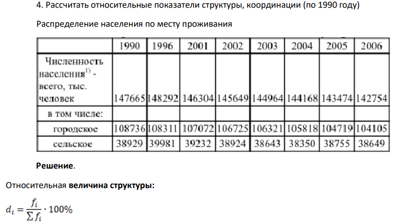 Рассчитать относительные показатели структуры, координации (по 1990 году) Распределение населения по месту проживания