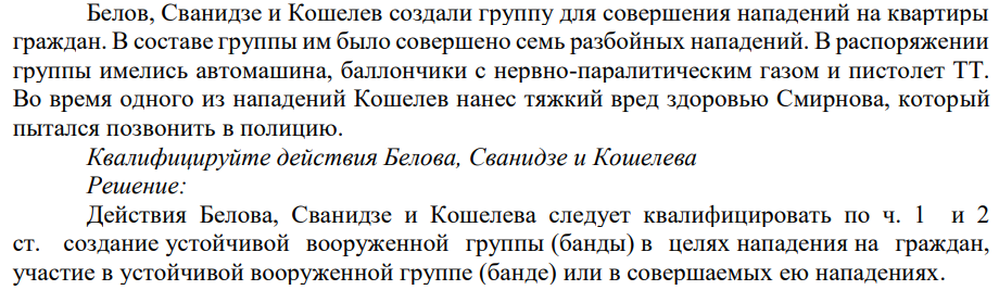 Белов, Сванидзе и Кошелев создали группу для совершения нападений на квартиры граждан. В составе группы им было совершено семь разбойных нападений.