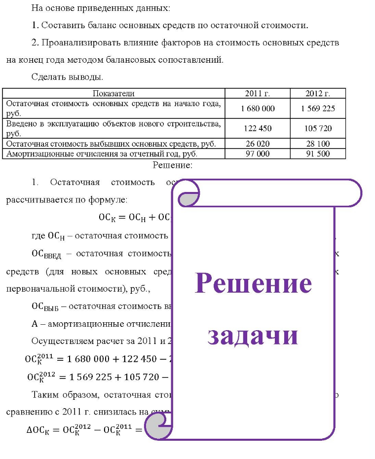На основе приведенных данных: 1. Составить баланс основных средств по остаточной стоимости. и. 2. Проанализировать влияние факторов на стоимость основных средств на конец года методом балансовых сопоставлений. Сделать