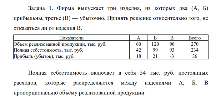 Задача 1. Фирма выпускает три изделия, из которых два (А, Б) прибыльны, третье (В) — убыточно. Принять решение относительно того, не отказаться ли от изделия В.