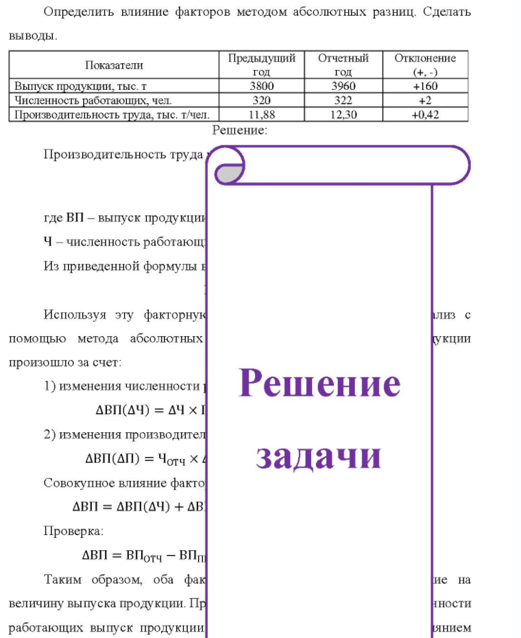 Определить влияние факторов методом абсолютных разниц. Сделать выводы. Показатели Выпуск продукции, тыс. т Численность работающих, чел. Производительность труда, тыс. т/чел. Про Предыдущий Отчетный год 3800 320 11,88 год 3960