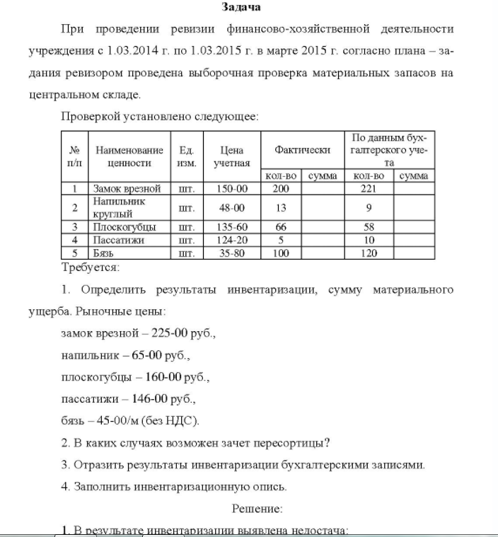 При проведении ревизии финансово-хозяйственной деятельности учреждения с 1.03.2014 г. по 1.03.2015 г. в марте 2015 г. согласно плана - задания ревизором проведена выборочная проверка материальных запасов на центральном складе. Проверкой установлено следующее: № Наименование Ед. п/п ценности Цена изм. учетная