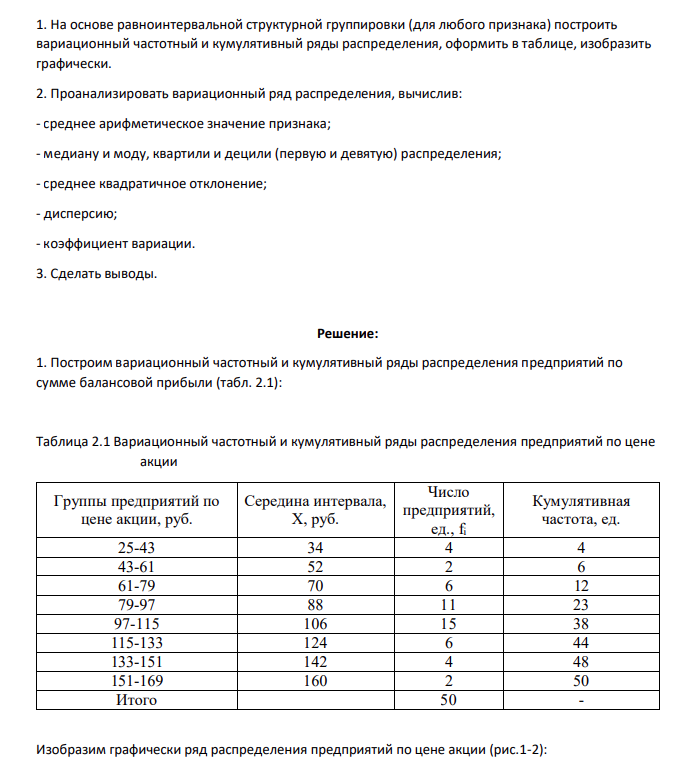 1. На основе равноинтервальной структурной группировки (для любого признака) построить вариационный частотный и кумулятивный ряды распределения, оформить в таблице, изобразить графически. 2. Проанализировать вариационный ряд распределения, вычислив: - среднее арифметическое значение признака; - медиану и моду, квартили и децили (первую и девятую) распределения; - среднее квадратичное отклонение; - дисперсию; - коэффициент вариации.
