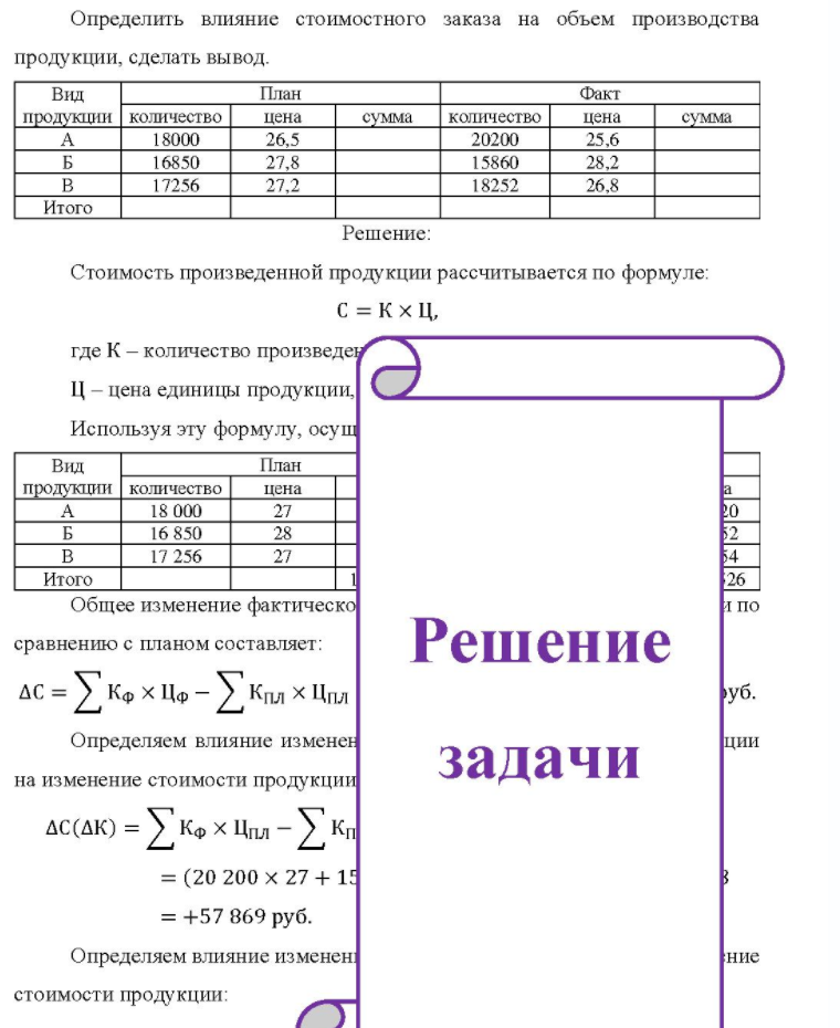 Определить влияние стоимостного заказа на объем производства продукции, сделать вывод. Вид План продукции количество цена 18000 26,5 16850 27,8 B 17256 27.2 сумма количество 20200 15860 18252 Факт цена 25,6 28,2