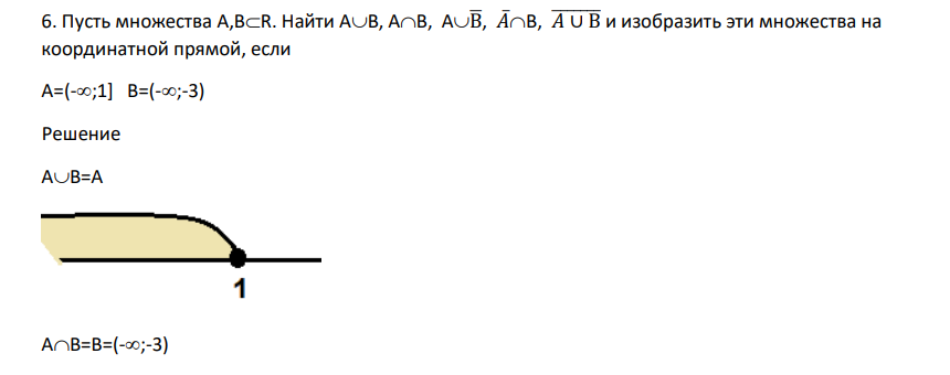 Пусть множества А,ВR. Найти АВ, АВ, АВ̅, 𝐴̅B, 𝐴̅̅̅∪̅̅̅В̅ и изобразить эти множества на координатной прямой, если А=(-;1] В=(-;-3)