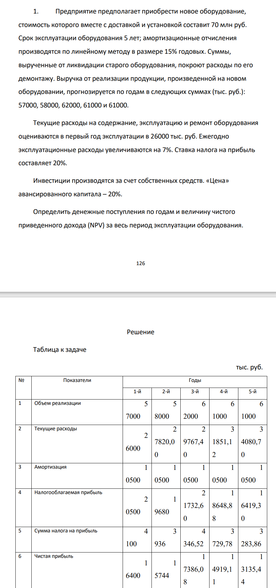 Предприятие предполагает приобрести новое оборудование, стоимость которого вместе с доставкой и установкой составит 70 млн руб. Срок эксплуатации оборудования 5 лет; амортизационные отчисления производятся по линейному методу в размере 15% годовых.