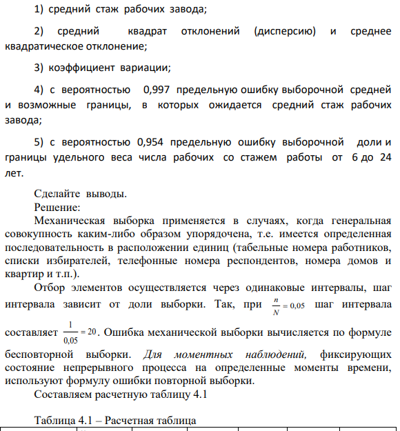 Задание 4. В целях изучения стажа рабочих завода проведена 5%-ная механическая выборка, в результате которой получено следующее распределение рабочих по стажу работы: Стаж, число лет Число рабочих, чел. До 6 6-12 12-18 18-24 15 25 35 15 Свыше 24 10 Итого 100