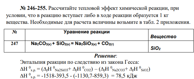 Рассчитайте тепловой эффект химической реакции, при условии, что в реакцию вступает либо в ходе реакции образуется 1 кг вещества. Необходимые для расчета величины возьмите в табл. 2 приложения. № Уравнение реакции Вещество 247 Na2CO3(к) + SiO2(к) = Na2SiO3(к) + CO2(г) SiO2