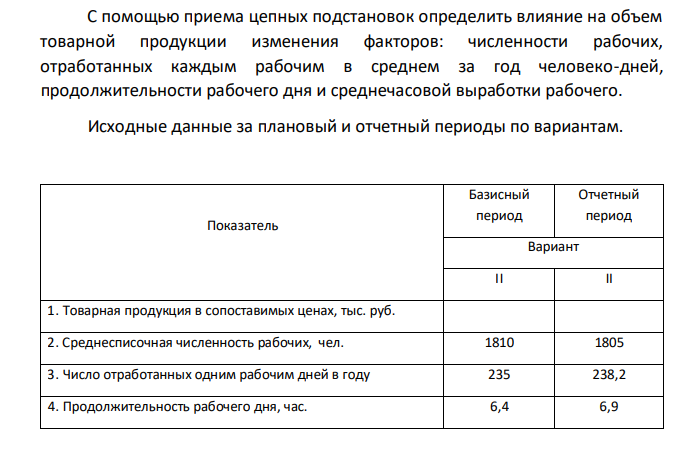 С помощью приема цепных подстановок определить влияние на объем товарной продукции изменения факторов: численности рабочих, отработанных каждым рабочим