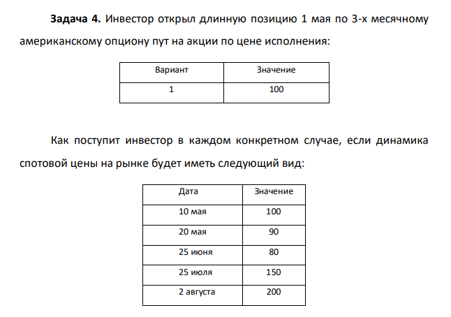 Инвестор открыл длинную позицию 1 мая по 3-х месячному американскому опциону пут на акции по цене исполнения: Вариант Значение 1 100 Как поступит инвестор в каждом конкретном случае, если динамика спотовой цены на рынке будет иметь следующий вид: Дата Значение 10 мая 100 20 мая 90