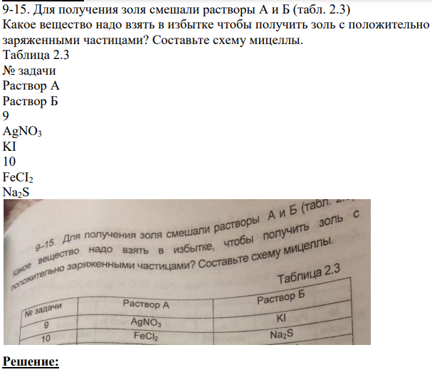Для получения золя смешали растворы А и Б (табл. 2.3) Какое вещество надо взять в избытке чтобы получить золь с положительно заряженными частицами?