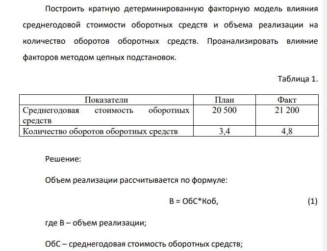 Построить кратную детерминированную факторную модель влияния среднегодовой стоимости оборотных средств и объема реализации на количество оборотов оборотных средств. Проанализировать влияние факторов методом цепных подстановок. Таблица 1.