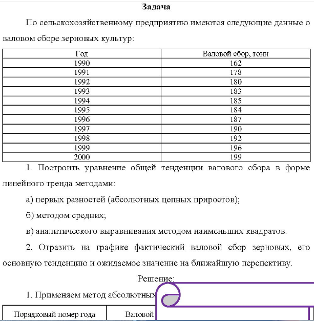 По сельскохозяйственному предприятию имеются следующие данные о валовом сборе зерновых культур: Год 1990 1991 1992 1993 1994 1995 1996 1997 1998 1999 2000 Валовой сбор, тонн 162 178 180 183 185 184 187 190 192 196 199 1. Построить уравнение общей тенденции валового сбора в форме линейного тренда методами: a) первых разностей (абсолютных цепных приростов);